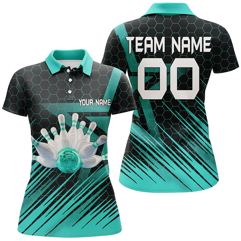 Türkises Bowling-Poloshirt für Damen – Individuelles 3D-Bowling-Team-Trikot NQS6224