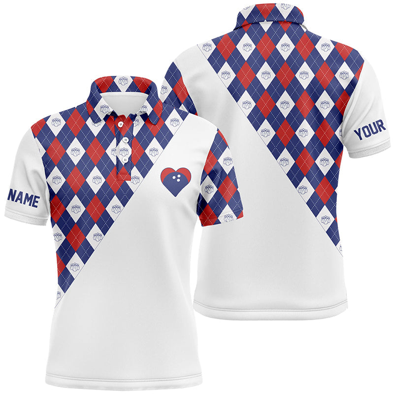 Personalisierte Bowling-Poloshirts für Herren – Rot-weiß-blaues Argyle-Muster, Individuelles Bowling-Herz-Trikot NQS6710