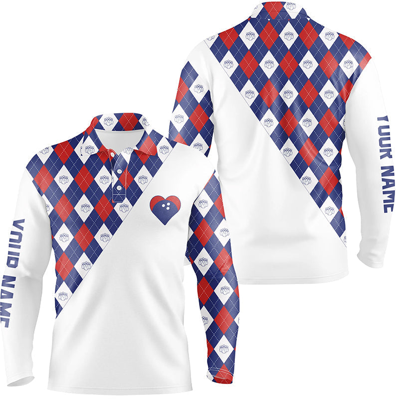 Personalisierte Bowling-Poloshirts für Herren – Rot-weiß-blaues Argyle-Muster, Individuelles Bowling-Herz-Trikot NQS6710