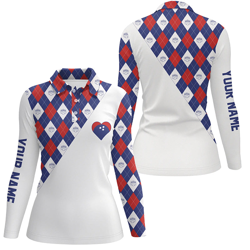 Personalisierte Bowling-Poloshirts für Damen – Rot-weiß-blaues Argyle-Muster, Bowling-Herz-Trikots NQS6710