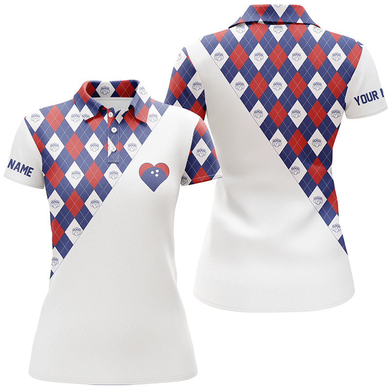 Personalisierte Bowling-Poloshirts für Damen – Rot-weiß-blaues Argyle-Muster, Bowling-Herz-Trikots NQS6710