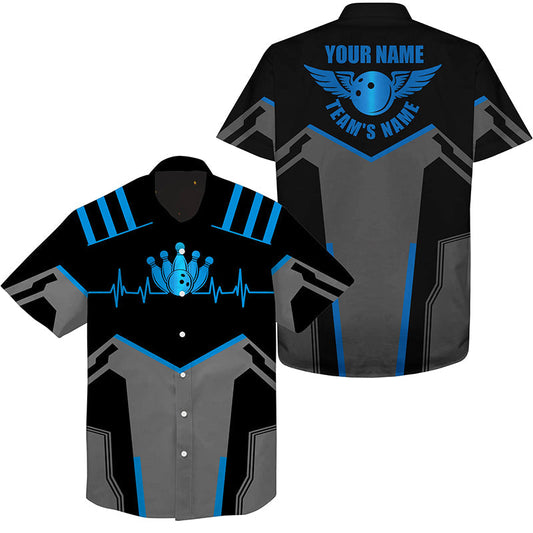 Hawaiianisches Bowlinghemd, personalisierter Name und Teamname, blaue Bowlingkugel und Pins, Team-Bowlinghemden NQS4434