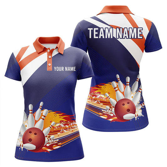 Blau-orange Damen-Bowling-Poloshirt – Individueller Name, Damen-Bowler-Trikot, Team-Bowling-Geschenke NQS5830