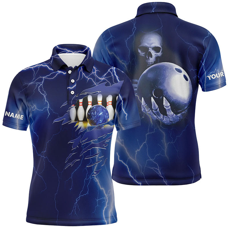 Personalisierte Bowling-Poloshirts für Herren – Blaue Blitze, Individueller Name, Team-Schädel-Bowling-Trikots NQS6022