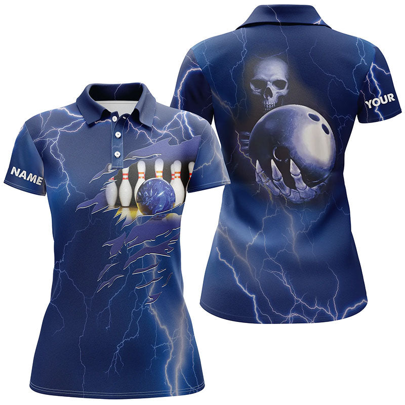 Personalisierte Bowling-Poloshirts für Damen – Blaue Blitze, Individueller Name, Team-Schädel-Bowling-Trikots NQS6022