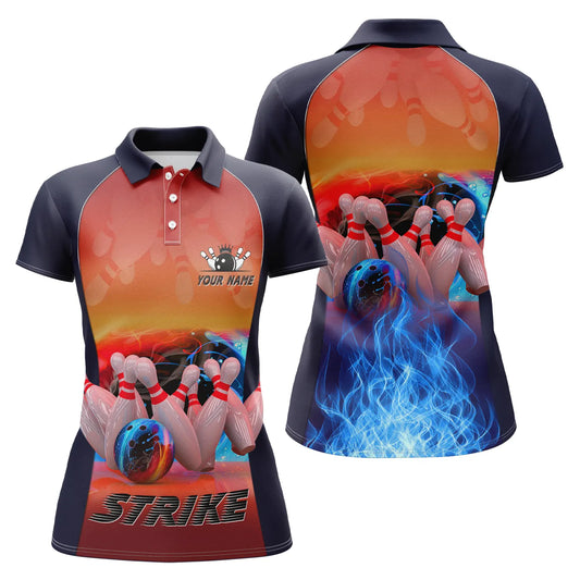 Damen-Bowling-Poloshirt, personalisierter Name, blaue Feuer-Bowlingstrike-Kugel und Pins, Bowlingtrikots NQS4813