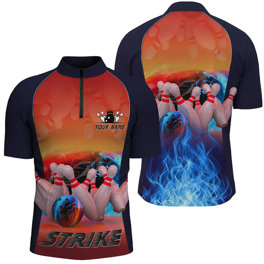 Herren-Bowlinghemd mit Viertelreißverschluss, personalisierter Name, blaue Feuer-Bowlingstrike-Kugel und Pins, Bowlingtrikots NQS4813