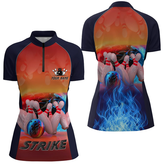 Damen-Bowlinghemd mit Viertelreißverschluss, personalisierter Name, blaue Feuer-Bowlingstrike-Kugel und Pins, Bowlingtrikots NQS4813