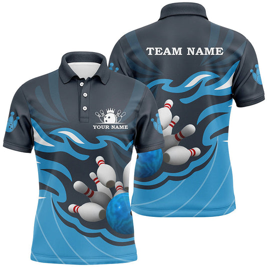 Herren-Bowling-Poloshirt – Individuelle Bowlingkugel & Pins Team-Liga-Trikot, personalisierte Bowling-Geschenke | Blau NQS6266