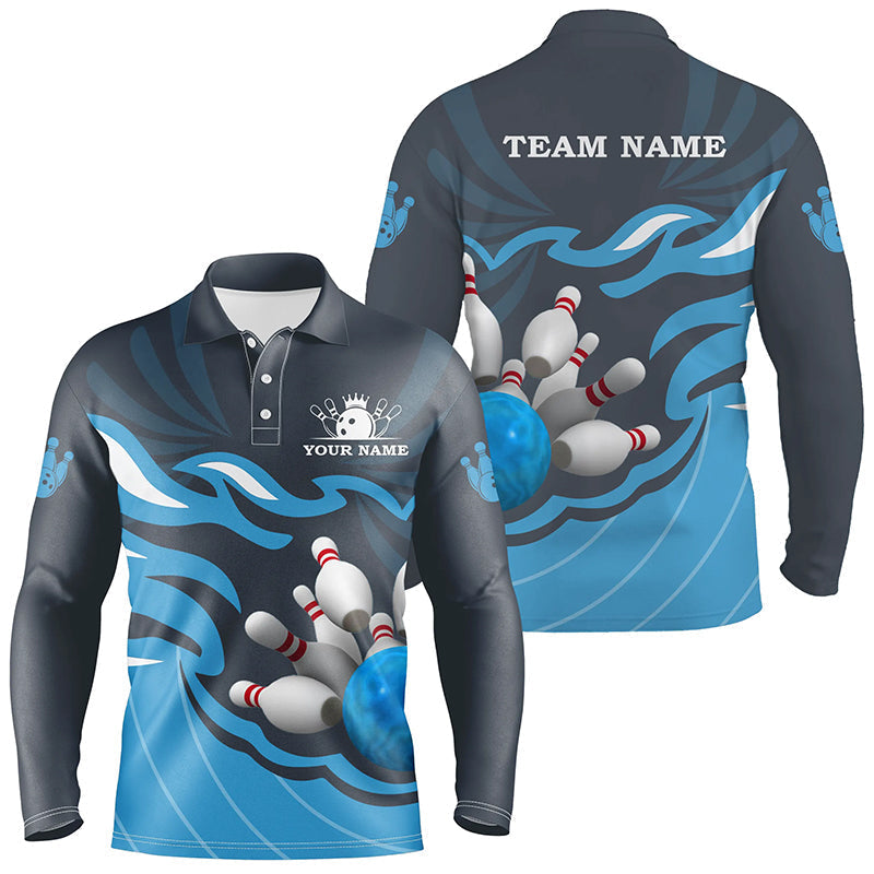 Herren-Bowling-Poloshirt – Individuelle Bowlingkugel & Pins Team-Liga-Trikot, personalisierte Bowling-Geschenke | Blau NQS6266