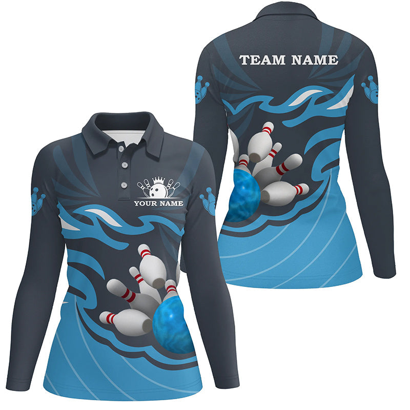 Damen-Bowling-Poloshirt – Individuelle Bowlingkugel & Pins Team-Liga-Trikot, personalisiertes Bowling-Geschenk | Blau NQS6266