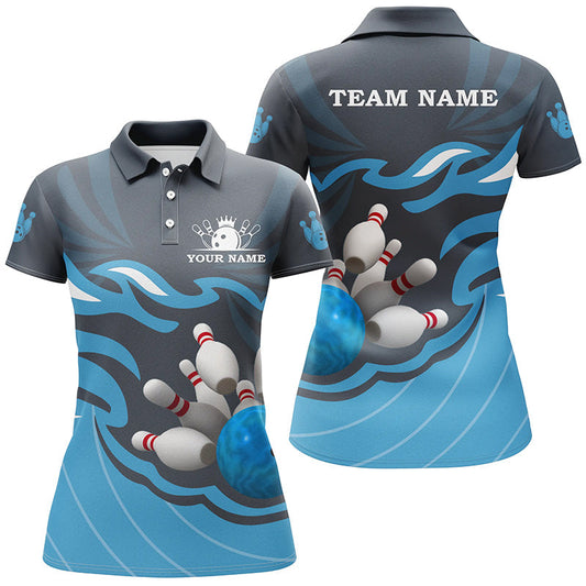 Damen-Bowling-Poloshirt – Individuelle Bowlingkugel & Pins Team-Liga-Trikot, personalisiertes Bowling-Geschenk | Blau NQS6266