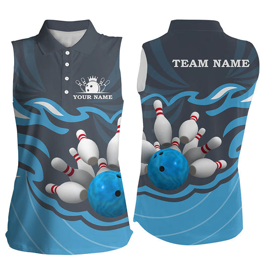 Damen-Ärmellose Bowling-Poloshirts – Individuelle Bowlingkugel & Pins Team-Liga-Trikot, personalisierte Geschenke | Blau NQS6266