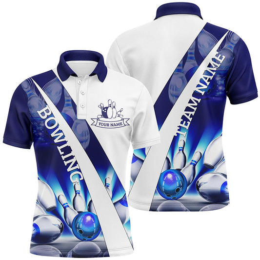 Weiße Bowling-Poloshirts für Herren – Individuelle Bowlingkugel & Pins im Blauen Licht Team-Liga-Trikots NQS6732