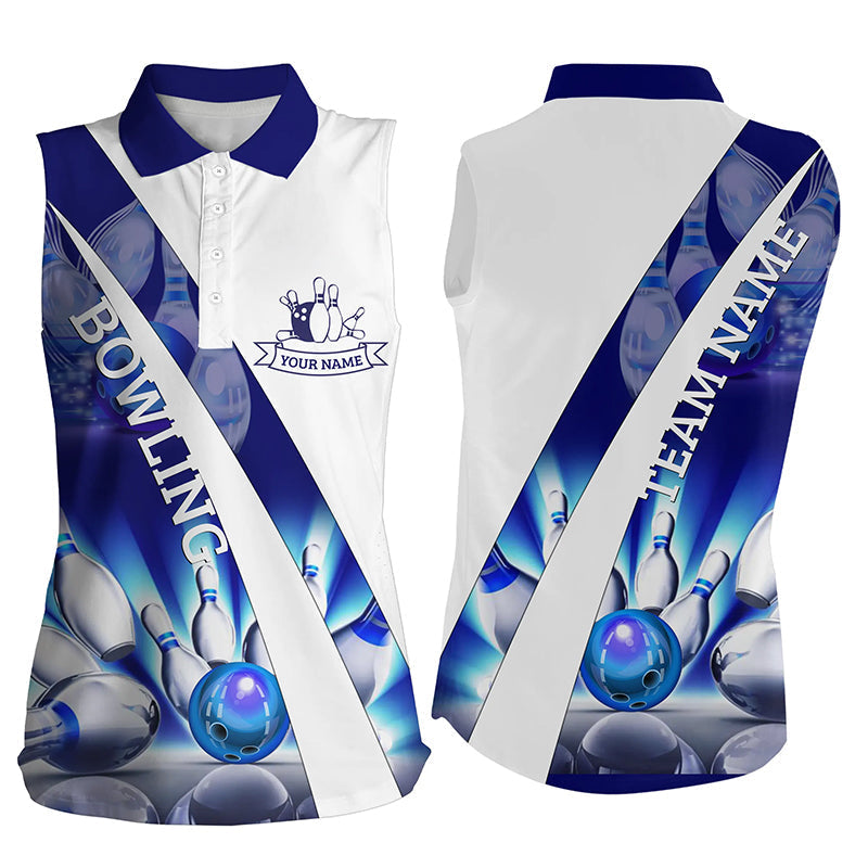 Weiße Ärmellose Bowling-Poloshirts für Damen – Individuelle Bowlingkugel & Pins im Blauen Licht Team-Liga-Trikots NQS6732