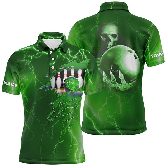 Personalisierte Bowling-Poloshirts für Herren – Grüne Blitz-Donner, Individueller Name, Team-Schädel-Bowling-Trikots NQS6493