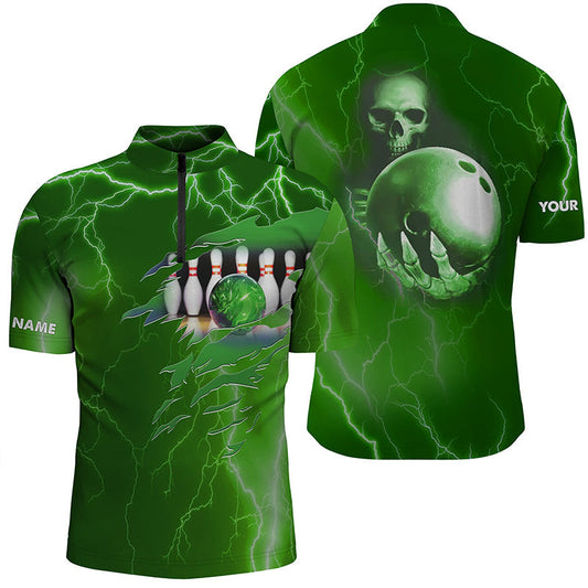 Personalisierte Bowling-Quarter-Zip-Shirts für Herren – Grüne Blitz-Donner, Individueller Name, Team-Schädel-Bowling-Trikots NQS6493