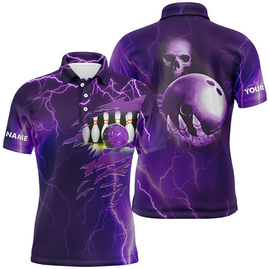 Personalisierte Bowling-Poloshirts für Herren – Lila Blitz-Donner, Individuelles Team-Schädel-Bowling-Trikots NQS6494