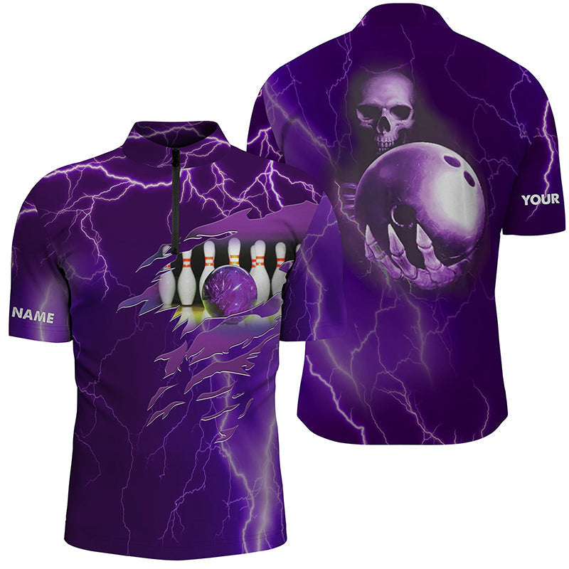 Personalisierte Bowling-Quarter-Zip-Shirts für Herren – Lila Blitz-Donner, Individueller Name, Team-Schädel-Bowling-Trikots NQS6494