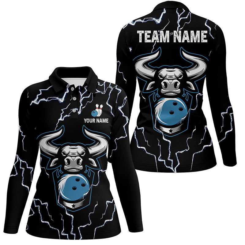 Bowling-Bulle Thunder Lightning, Schwarze Bowling-Poloshirts für Damen – Individuelle Bowling-Team-Liga-Trikots NQS6498