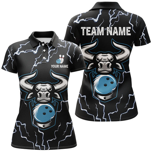 Bowling-Bulle Thunder Lightning, Schwarze Bowling-Poloshirts für Damen – Individuelle Bowling-Team-Liga-Trikots NQS6498