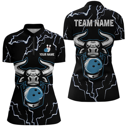 Bowling-Bulle Thunder Lightning, Schwarze Bowling-Quarter-Zip-Shirts für Damen – Individuelle Bowling-Team-Liga-Trikots NQS6498