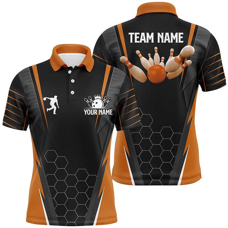 Schwarze Herren-Bowling-Poloshirts – Individueller Name, Bowler-Trikots für Herren, Team-Bowling-Outfits | Orange NQS6503