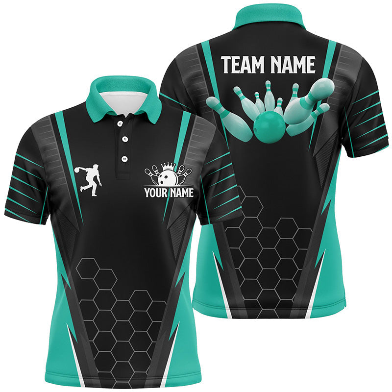 Schwarze Herren-Bowling-Poloshirts – Individueller Name, Bowler-Trikots für Herren, Team-Bowling-Outfits | Türkis NQS6505