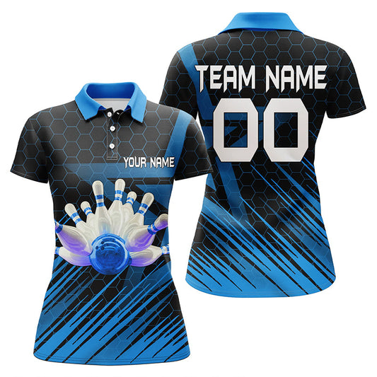 Blaues Damen-Bowlinghemd mit Kurzarm-Poloshirt, personalisierter Name, 3D-Bowling-Teamhemd für Damen NQS5139