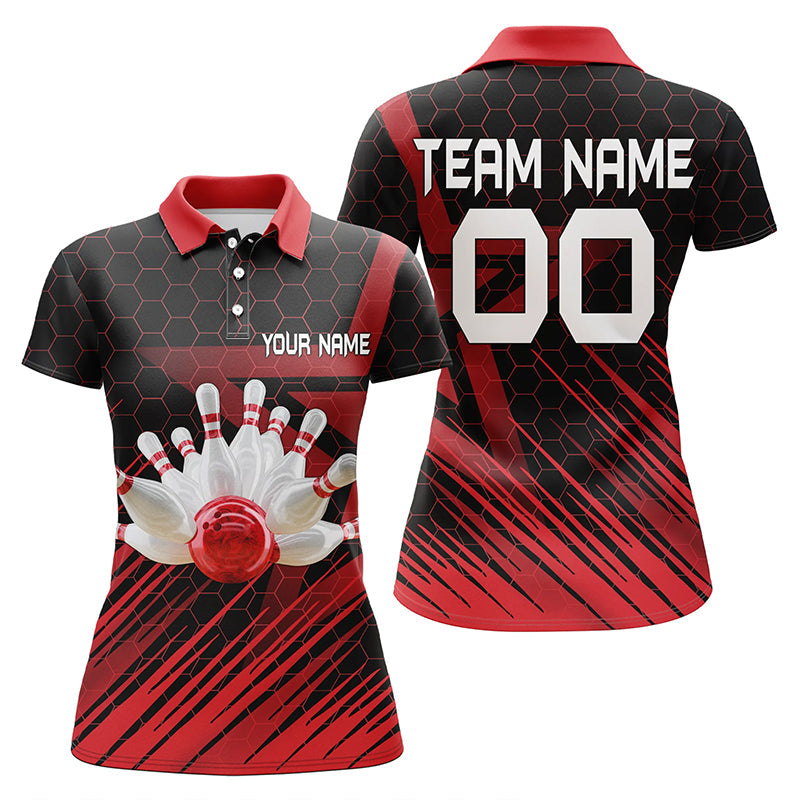 Rotes Bowlinghemd für Damen, Kurzarm-Poloshirt, personalisiertes 3D-Bowling-Teamtrikot NQS5140