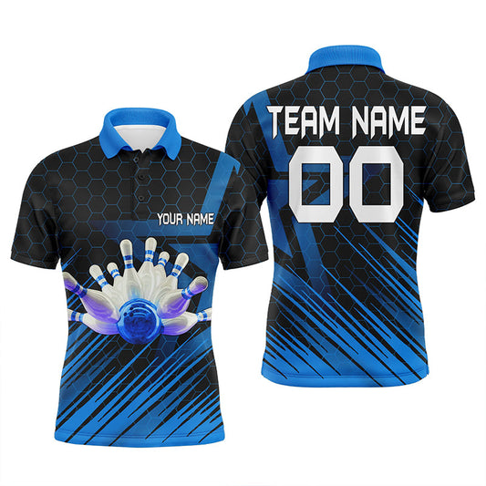 Blaues Bowlinghemd für Herren, personalisiertes Polo-Bowlingtrikot, 3D-Bowling-Teamhemd für Herren NQS5139