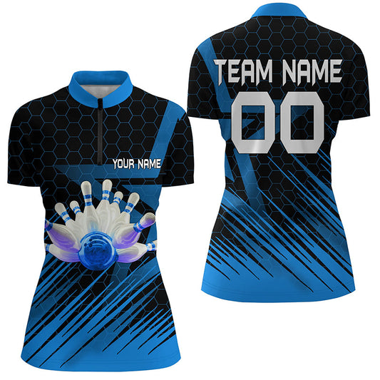 Blaues Damen-Bowlinghemd mit Viertelreißverschluss, personalisierter Name, 3D-Bowling-Teamhemd für Damen NQS5139