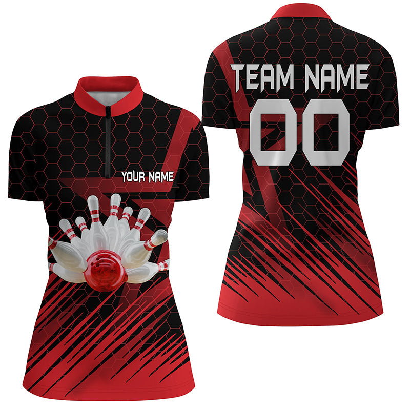 Rotes Bowlinghemd für Damen, personalisierter Name, Viertelreißverschluss-Bowlingtrikot, 3D-Bowling-Teamhemd für Damen NQS5140