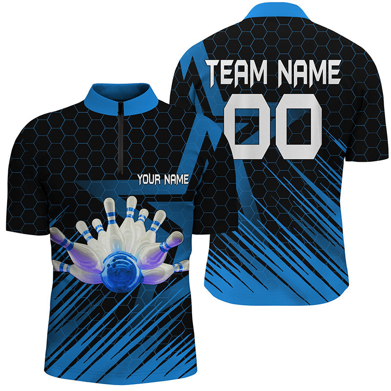 Blaues Herren-Bowlinghemd mit Viertelreißverschluss, personalisiertes 3D-Bowling-Teamhemd für Herren NQS5139