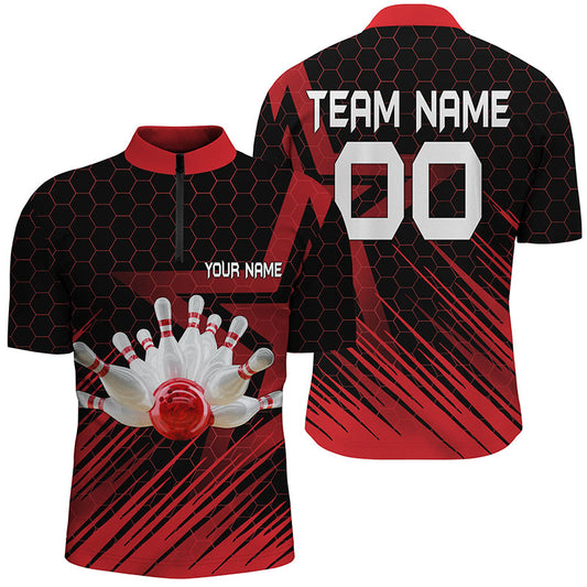 Rotes Bowlinghemd für Herren, Viertelreißverschluss, personalisiertes 3D-Bowling-Teamtrikot für Herren NQS5140