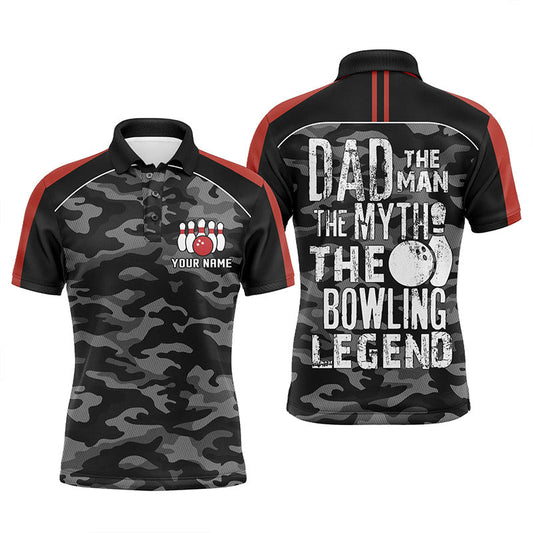 Schwarzes Tarn-Poloshirt für Herren – Individuelles Bowling-Team-Trikot „Dad, the man, the myth, the bowling legend“ NQS5636