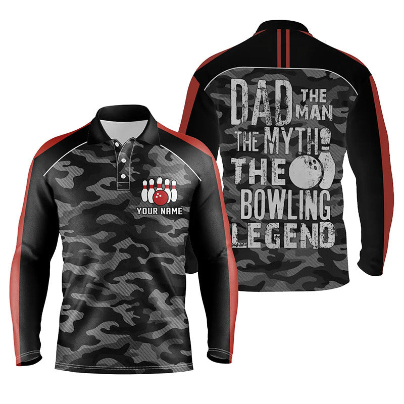 Schwarzes Tarn-Poloshirt für Herren – Individuelles Bowling-Team-Trikot „Dad, the man, the myth, the bowling legend“ NQS5636