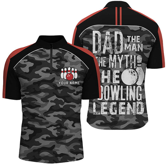 Schwarzes Tarn-Quarter-Zip-Shirt für Herren – Individuelles Bowling-Team-Trikot „Dad, the man, the myth, the bowling legend“ NQS5636