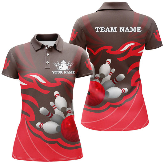 Damen-Bowling-Poloshirt – Individuelle Bowlingkugel & Pins, Team-Liga-Trikot, personalisiertes Bowling-Geschenk | Rot NQS6301