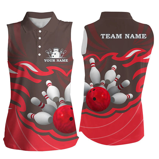 Damen-Ärmellose Bowling-Poloshirts – Individuelle Bowlingkugel & Pins, Team-Liga-Trikot, personalisierte Geschenke | Rot NQS6301