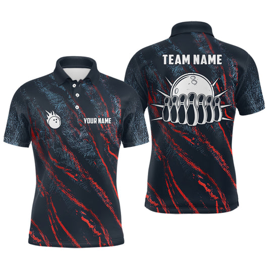 Blau-rote Tarnmuster Bowlingkugel & Pins Trikots – Individuelle Team-Liga-Bowling-Poloshirts für Herren NQS6554