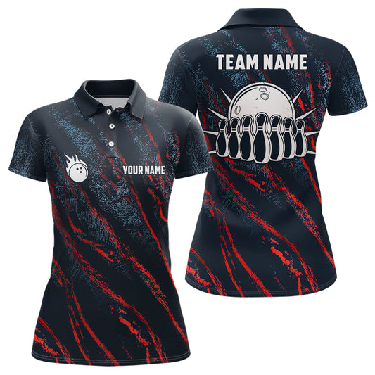 Blau-rote Tarnmuster Bowlingkugel & Pins Trikots – Individuelle Team-Liga-Bowling-Poloshirts für Damen NQS6554