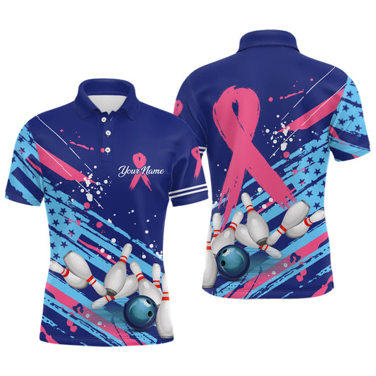 Herren-Bowling-Poloshirts – Individuelle blaue American Flagge, Pink Ribbon Bowling-Trikots, Brustkrebs-Bewusstsein NQS6339