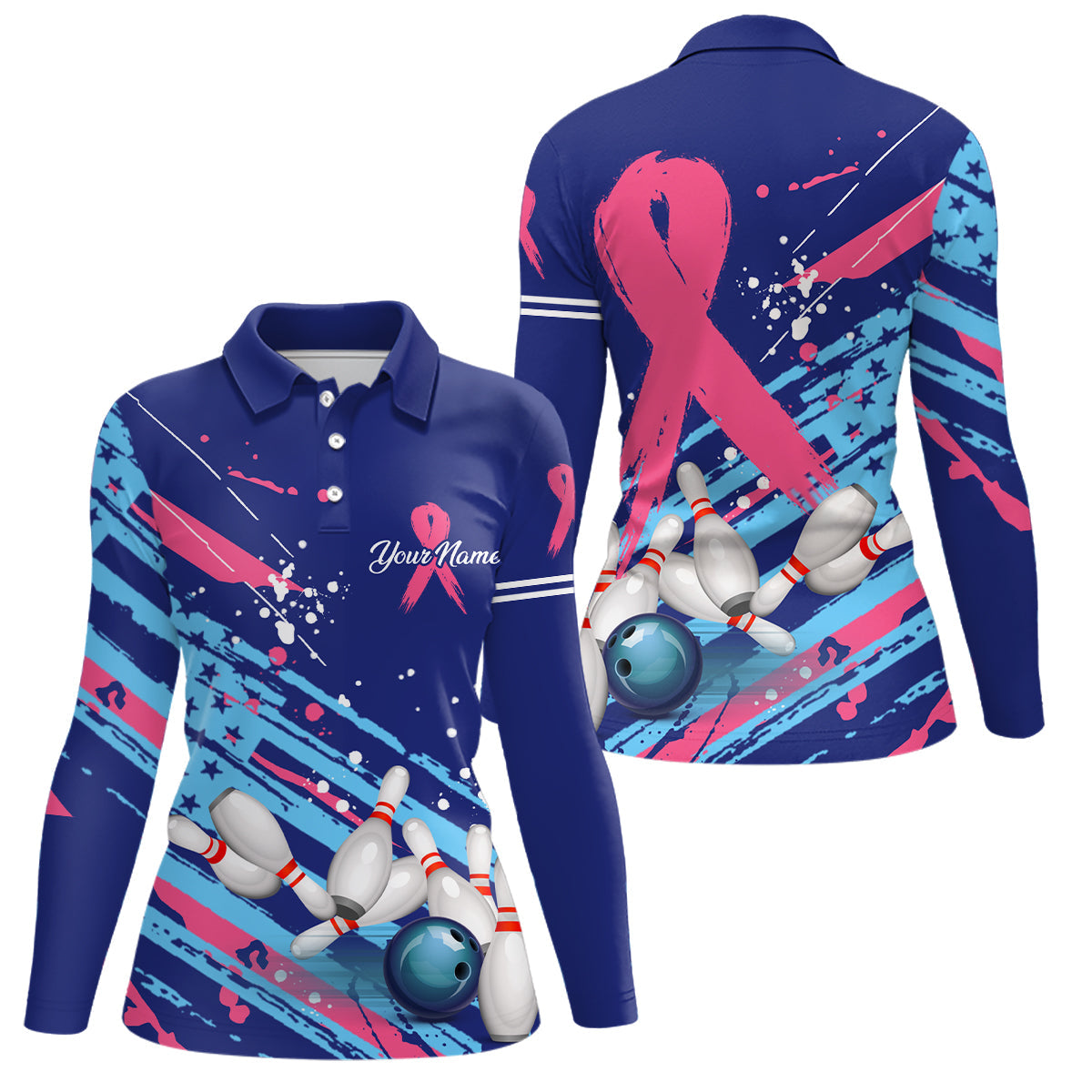 Damen-Bowling-Poloshirts – Individuelle blaue American Flagge, Pink Ribbon Bowling-Trikots, Brustkrebs-Bewusstsein NQS6339