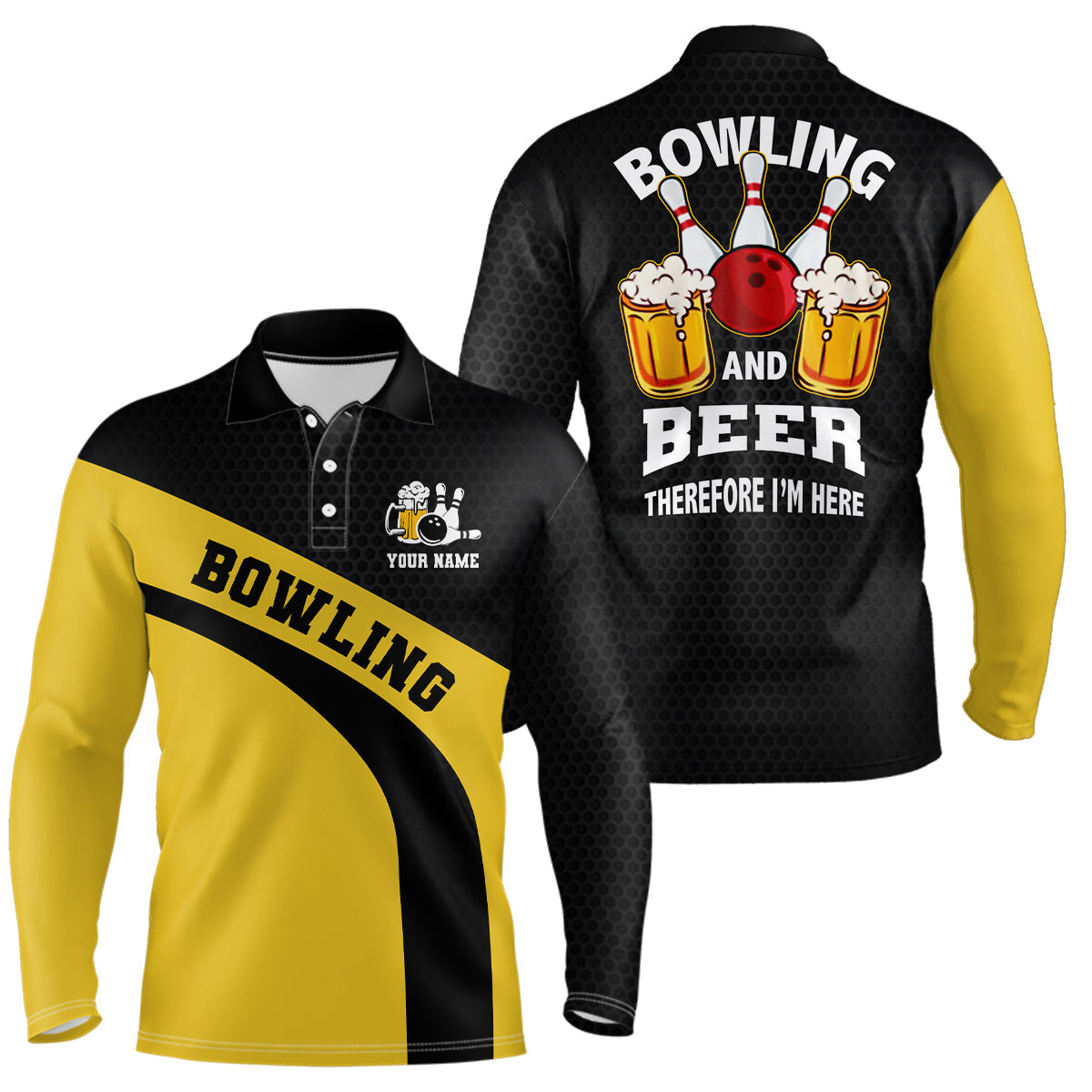 Bowling-Team-Poloshirts für Herren – Individueller Name, Schwarz-Gelb bowling and beer therefore I'm here NQS6566