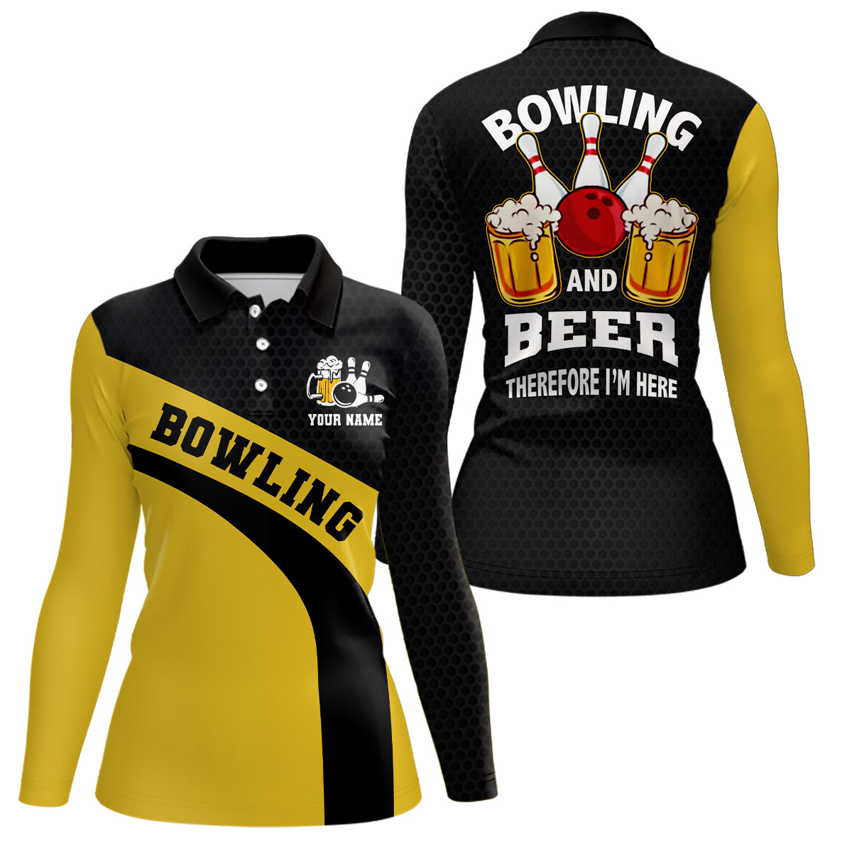 Bowling-Team-Poloshirt für Damen – Individuell, Schwarz-Gelb bowling and beer therefore I'm here NQS6566