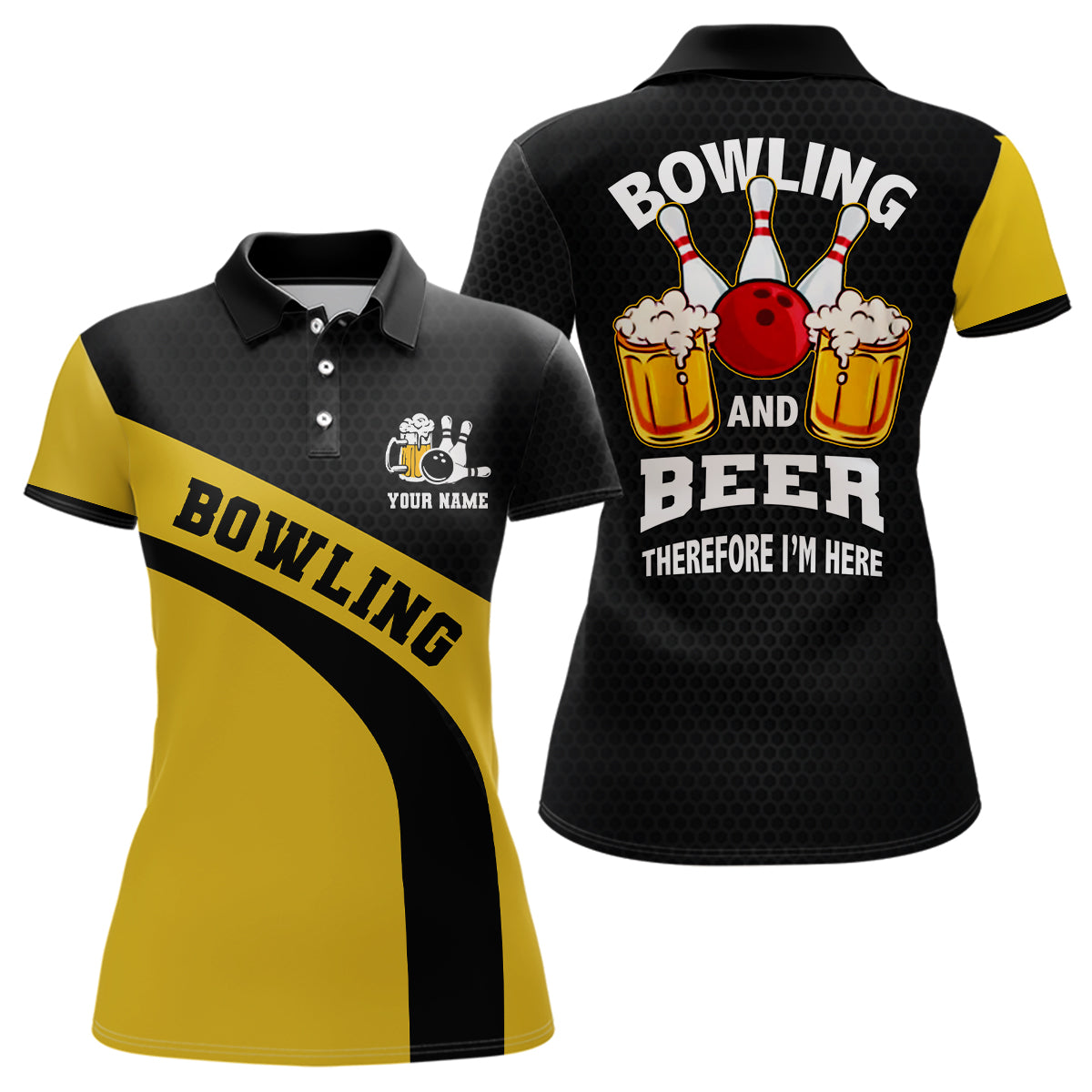 Bowling-Team-Poloshirt für Damen – Individuell, Schwarz-Gelb bowling and beer therefore I'm here NQS6566