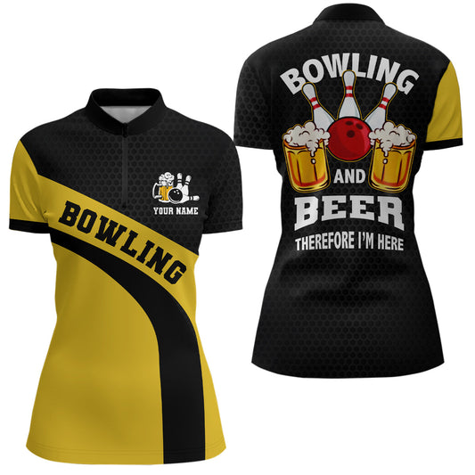 Bowling-Team-Quarter-Zip-Shirt für Damen – Individuell, Schwarz-Gelb bowling and beer therefore I'm here NQS6566