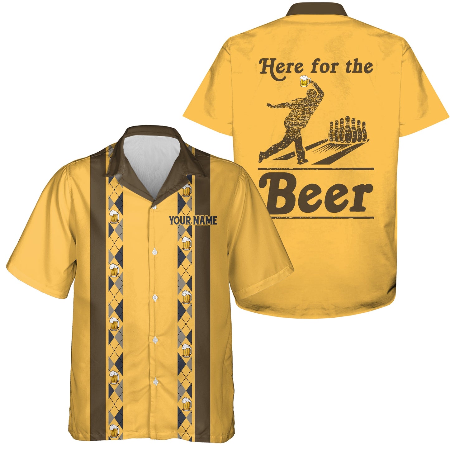 Personalisierte Gelbe Retro-Bowling-Hawaiian-Shirts – Individuell „Here for the beer“ Team-Button-up-Shirts NQS6567