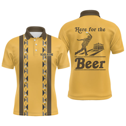 Personalisierte Gelbe Retro-Bowling-Poloshirts für Herren – Individuell „Here for the beer“ Bowling-Team-Trikots NQS6567